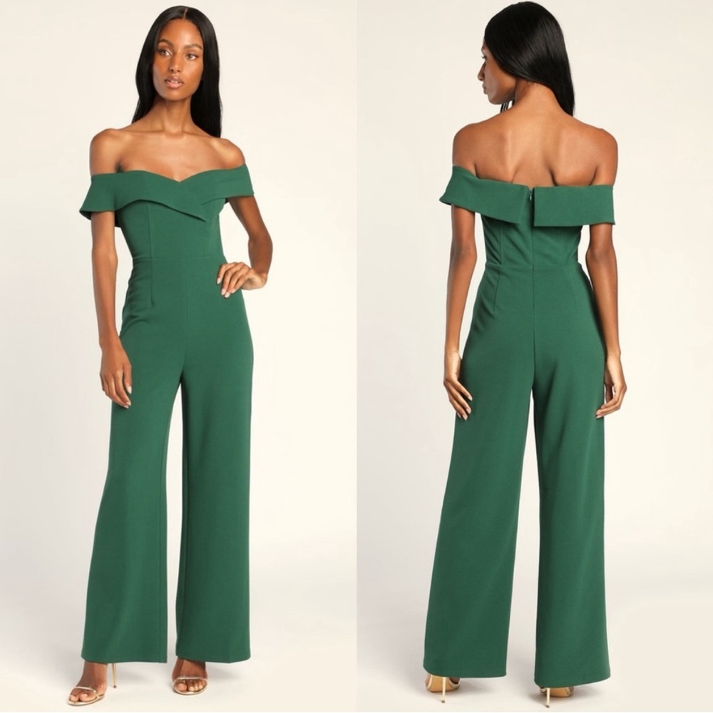 Lulus | Love Me Tomorrow Hunter Green Off-the-Shoulder Wide-Leg Jumpsuit